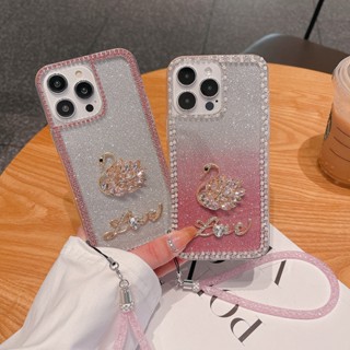 เคส case iPhone 14 Pro Max 13 12 11 Pro Max XS Max 13 12 โทรศัพท์มือถือ ลายหงส์ 3D ประดับกลิตเตอร์ พลอยเทียม ไล่โทนสี พร้อมสายคล้องข้อมือ สําหรับ