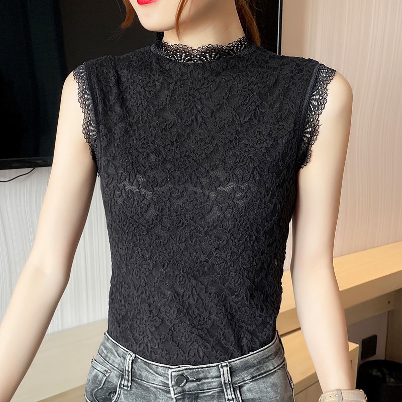 ใหม่ เสื้อแขนกุด คอปกตั้ง แบบสวมครึ่งหนึ่ง แต่งลูกไม้ เรียบง่าย แฟชั่นฤดูใบไม้ผลิ สําหรับผู้หญิง 2023