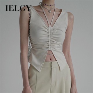 IELGY เสื้อแขนกุด จับจีบ ขนาดเล็ก สไตล์เรโทร สําหรับผู้หญิง