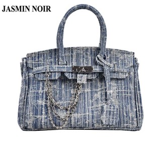 Jasmin NOIR กระเป๋าถือ กระเป๋าสะพายไหล่ ผ้ายีน แต่งสายโซ่ล็อก เรียบง่าย สําหรับสตรี