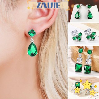 ※ZAIJIE※ Fashion Crystal Water Drop Earring Emerald Jewelry Accessories Zircon Earring Heart Water Drop Elegant Stud Earring Cubic Zircon