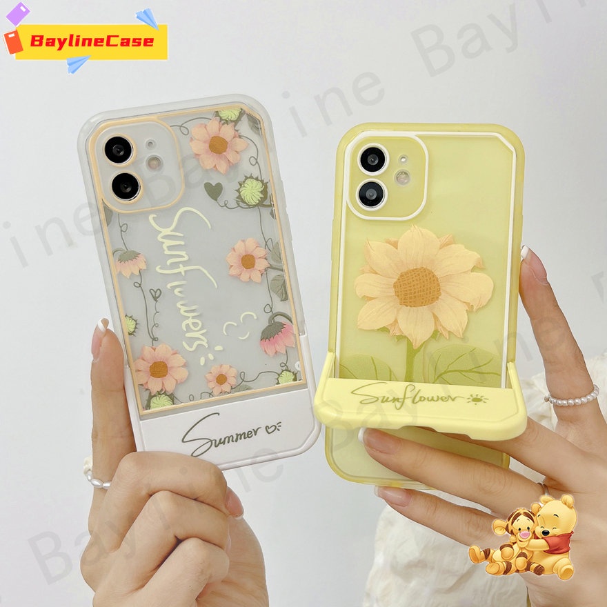 เคสโทรศัพท์มือถือแบบนิ่ม กันกระแทก ลายดอกทานตะวัน พร้อมขาตั้งพับได้ แฟชั่นเรียบง่าย สําหรับ iPhone 11 14 12 13 Pro Max SE 2020 X Xr Xs Max 8 7 Plus