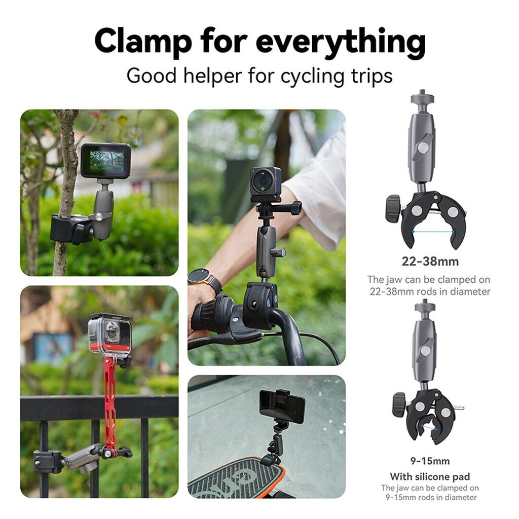 Telesin Universal Tube Clamp (Aluminium Body) Motorcycle Cycling Crab Claw Clip Magic Arm 360 Adjustment Super Clamp 1/4