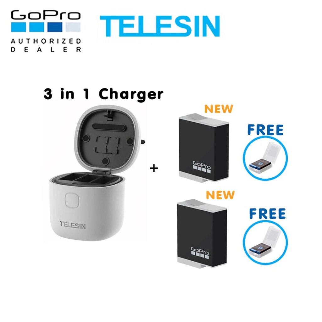 GoPro 11 / 10 / 9 Telesin Allin Box 3 in 1 Charger & Card Reader & Storage Box + Enduro Battery x 2 