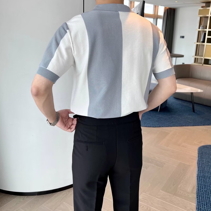 ครึ่งแขนเสื้อโปโลผู้ชายผ้าไหมน้ําแข็งถักปก Casual Stripes Contrast สี Breathable T-
