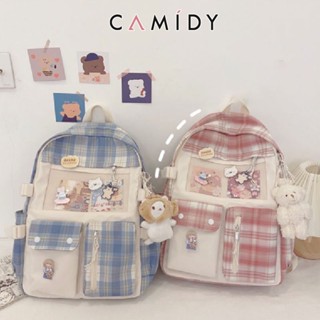 Camidy กระเป๋าเป้แฟชั่นเกาหลีรุ่นใหม่ของกระเป๋าเป้ลายสก๊อตวัสดุโพลีเอสเตอร์น่ารักเป้นักเรียนพร็อพกระเป๋านักเรียนความจุขนาดใหญ่