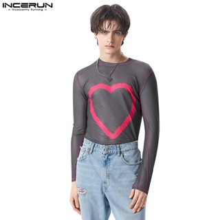 Incerun เสื้อยืด ผ้าตาข่าย สีตัดกัน Love Flocking