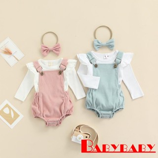 Babybaby- ชุดเสื้อคอกลม แขนยาว + กางเกงแขวน + ที่คาดผม สําหรับเด็กผู้หญิง 3 ชิ้น