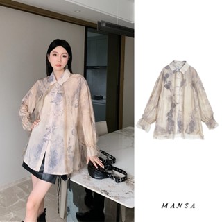 MANSA mesh patch vintage shirt เสื้อลายดอก เสื้อเชิ้ตสาวอวบ