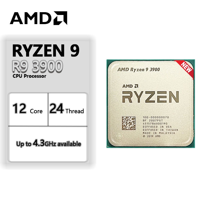 ซ็อกเก็ต AMD Ryzen 9 3900 R9 3900 3.1 GHz 24 แกน L3 7nm = 64m AM4 100-000000070