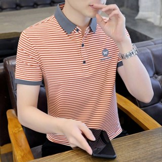 เสื้อโปโล ผ้าฝ้าย ปักลายทาง สําหรับผู้ชาย