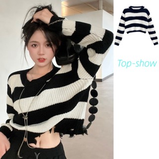 Top-show💖พร้อมส่ง✨COD เสื้อสเวตเตอร์ เสื้อแขนยาวสเวตเตอร์ เสื้อไหมพรม สเวตเตอร์ลายทาง เสื้อผ้าแฟชั่นผู้หญิงเกาหลี