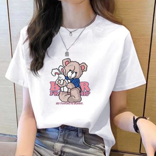 เสื้อยืดคอกลม แขนสั้น พิมพ์ลาย ทรงหลวม แฟชั่นสําหรับผู้หญิง