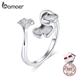 BAMOER Wiredrawing Ginkgo leaf Ring Authentic 925 Sterling Silver