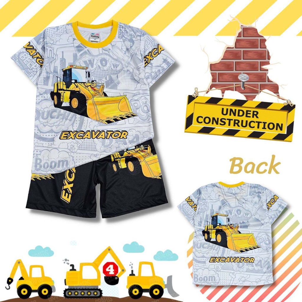 TR0647#6 เสื้อผ้าเด็ก เสื้อแขนสั้น+กางเกงขาสั้น ลายรถแทรคเตอร์ รถก่อสร้าง ผ้าไมโครเกรดA ชุดเด็กแฟชั่น ชุดเด็กลายการ์ตูน