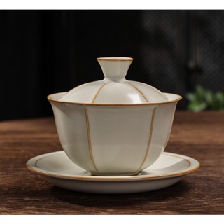 Ru Kiln Sancai Gaiwan ชุดถ้วยชาเซรามิค แฮนด์เมด ขนาดใหญ่ ไม่ร้อน สําหรับครัวเรือน