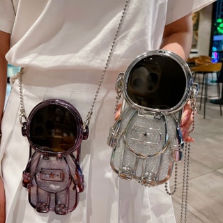 For iPhone 14 Plus 12 13 Pro MAX Fashion Electroplate Astronaut TPU Phone Case With Makeup Mirror + Chain