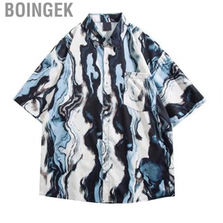 Boingek Men Short Sleeve Shirts Tie Dye Printing Turn Down Collar Button Closure Casual Blouse