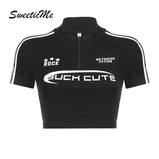 Sweeticme เสื้อยืดแขนสั้น มีซิป พิมพ์ลายตัวอักษร แฟชั่นสตรีท 2023