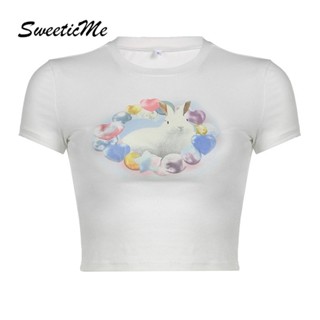 Sweeticme ใหม่ เสื้อยืดลําลอง แขนสั้น คอกลม พิมพ์ลายกระต่าย เข้ารูป แฟชั่นสําหรับสตรี 2023