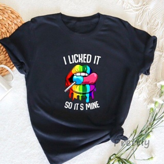 I Licked It So It S Mine ริมฝีปาก T เสื้อ LGBT Flag Tshirt ผู้หญิงผ้าฝ้าย LGBTQ Pride กะเทยฤดูร้อนเสื้อยืดลำลองขาสั้นแข