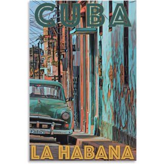 โปสเตอร์ภาพวาดผ้าใบ รูปรถยนต์ Cuba La Habana สไตล์วินเทจ สร้างสรรค์ สําหรับตกแต่งบ้าน ห้องนั่งเล่น ห้องนอน สํานักงาน