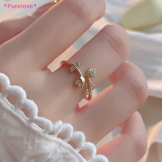 Purelove&gt; แหวนนิ้วมือ รูปดอกทิวลิปน่ารัก ประดับเพทาย สีทอง ปรับได้ เครื่องประดับแฟชั่น สําหรับผู้หญิง