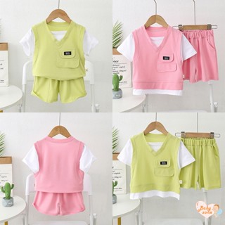 Summer Children Contrast Sleeve Fake Two Piece Short Sleeve Two-piece Set Girls Solid Color Suit 0-6Y