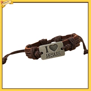 ที่| สร้อยข้อมือ กําไลข้อมือ สายหนังเทียม เชือกป่าน ปรับได้ ลาย I LOVE JESUS สําหรับทุกเพศ