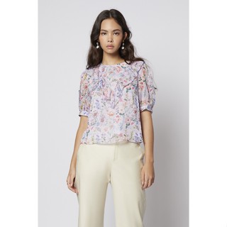 EP เสื้อเบลาส์ลายฟลอรัลแต่งแขนพอง ผู้หญิง สีม่วง | Volume Sleeve Floral Blouse | 4761