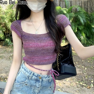 Ruo Bei Xuan เสื้อยืดแขนสั้นเปิดไหล่สไตล์อเมริกันใหม่ของผู้หญิง