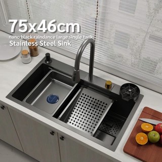 ซิงค์ล้างจาน อ่างล้างจาน อ่างล้างจานสแตนเลส สีดำ ขนาด75x46 อุปกรณ์ครบ black stainless steel sink รุ่น HM202211