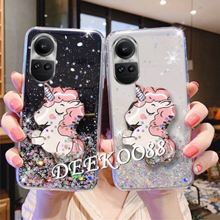 เคสโทรศัพท์มือถือ แบบนิ่ม ลายการ์ตูนยูนิคอร์น ประดับกลิตเตอร์ พร้อมขาตั้ง สําหรับ OPPO Reno10 Pro Plus Pro+ 5G Reno 10 10Pro Reno10Pro+