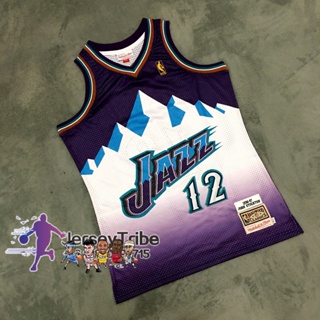 เสื้อกีฬาบาสเก็ตบอล NBA Mitchell And Ness สําหรับผู้ชาย #12 เสื้อกีฬาแขนสั้น ลายทีม John Stockton 1996-97 สีม่วง 408185