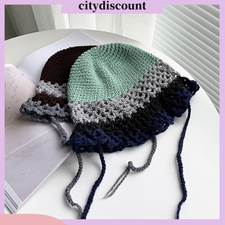 &lt;citydiscount&gt; หมวกปีกกว้าง ผ้าถักโครเชต์ ทรงบักเก็ต ทรงกลม แต่งลูกไม้ สีพื้น สําหรับผู้หญิง