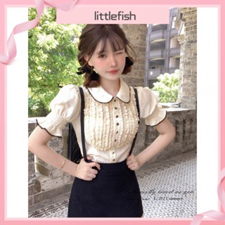 [littlefish] เสื้อเชิ้ตแขนพัฟ เอวสูง ทรงเอ หรูหรา แฟชั่นฤดูร้อน สําหรับเด็กผู้หญิง สองชิ้น