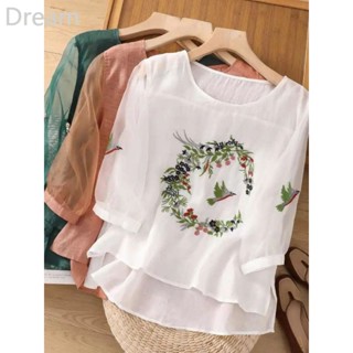 Embroidered thin loose slimming T-shirt womens summer thin breathable casual aging imitation cotton and linen pullover shirt top