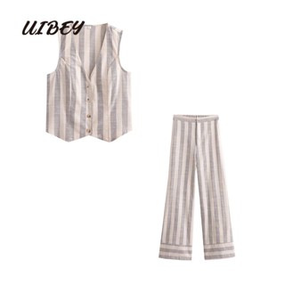 Uibey เสื้อกล้าม คอวี กระดุมแถวเดียว ลายทาง + กางเกง 9632