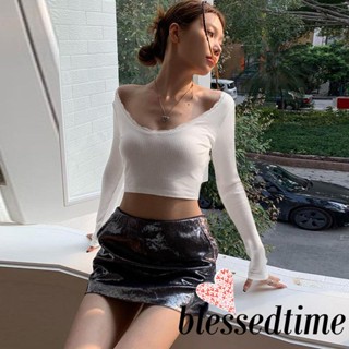 Blessedtime- เสื้อครอปท็อปแขนยาว คอยู แต่งขอบลูกไม้ โชว์สะดือ สําหรับผู้หญิง