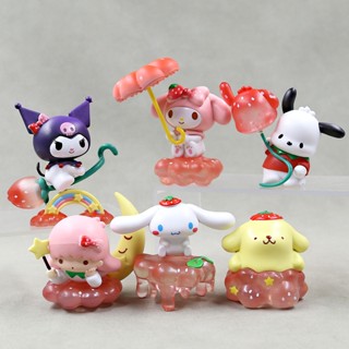 โมเดลฟิกเกอร์ Sanrio Strawberry Paradise Kuromi Melody Cinnamoroll Pochacco Purin ของเล่นสําหรับเด็ก จํานวน 6 ชิ้น