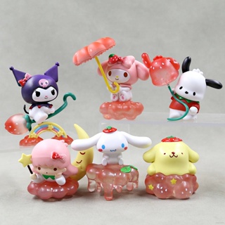 โมเดลตุ๊กตาฟิกเกอร์ Sanrio Strawberry Paradise Kuromi Melody Cinnamoroll Pochacco Purin ของเล่นสําหรับเด็ก 23 6 ชิ้น