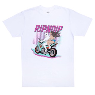 Ripndip ฐานแมว กลาง นิ้ว แมว ฤดูร้อน ใหม่ รถจักรยานยนต์ แมว ผู้ชายและผู้หญิง คอกลม พิมพ์ลาย ลําลอง แขนสั้น เสื้อยืด