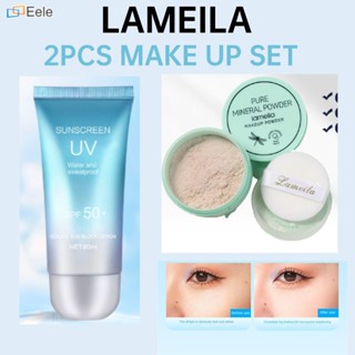 LAMEILA 2PCS ชุดแต่งหน้าครีมกันแดดมอยซ์เจอไรเซอร์ + แป้งฝุ่นแต่งหน้า Oil Control Matte All Day Setting Makeup ↑Eele