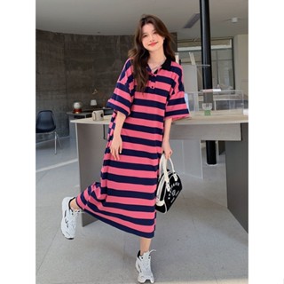 [Oversize Maxi Dress] ชุดแม็กซี่เดรส คอปกโปโล แขนสั้น ลายทาง พลัสไซซ์ แฟชั่นสไตล์เกาหลี (40-150 กก.)