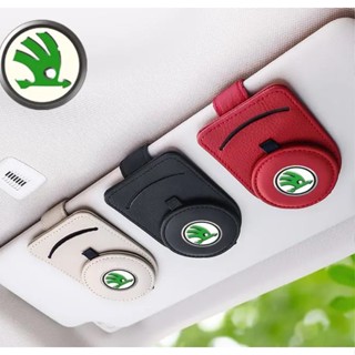 SKODA LOGO car sun visor leather material glasses clip interior modified sunglasses business card storage multi-functional round bracket