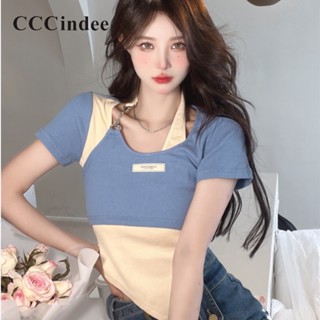 Cccindee ใหม่ เสื้อยืดลําลอง แฟชั่นสําหรับสตรี แขนสั้น คอกลม สีคมชัด สองชิ้น 2023