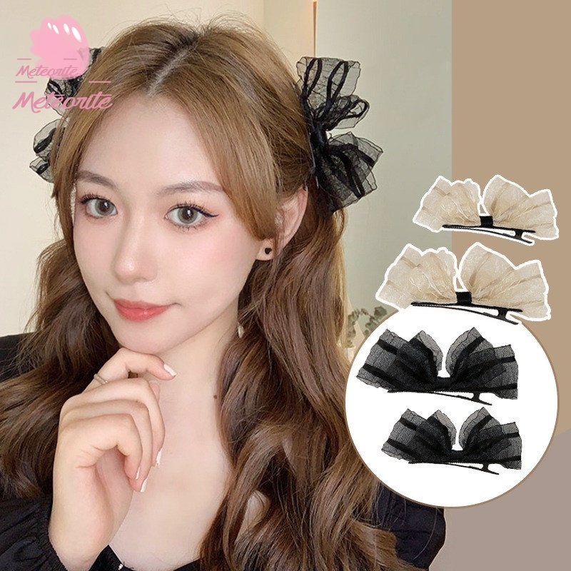 2 ชิ้น วินเทจ ลูกไม้ โบว์ กิ๊บติดผม / น่ารัก สาว ปิ่นปักผม สีดํา สีเบจ / ผู้หญิง ผมม้า ด้านข้าง กิ๊บติดผม อุปกรณ์เสริมผม