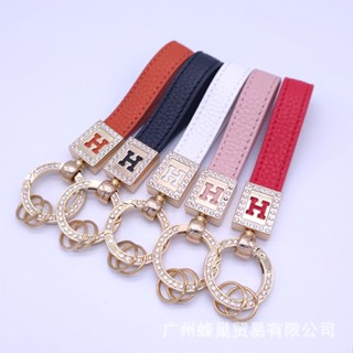 High-Grade Internet Celebrity Letters Diamond Fastened Ring Vachette Clasp Litchi Grain Leather Keychain Car Key Ring Circle Pedants keychain car key  Womens keychain