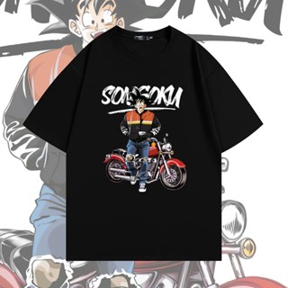 เสื้อยืดแขนสั้น ผ้าฝ้ายแท้ พิมพ์ลายการ์ตูน Dragon Ball Goku Riding Motorcycle สําหรับผู้ชาย และผู้หญิง