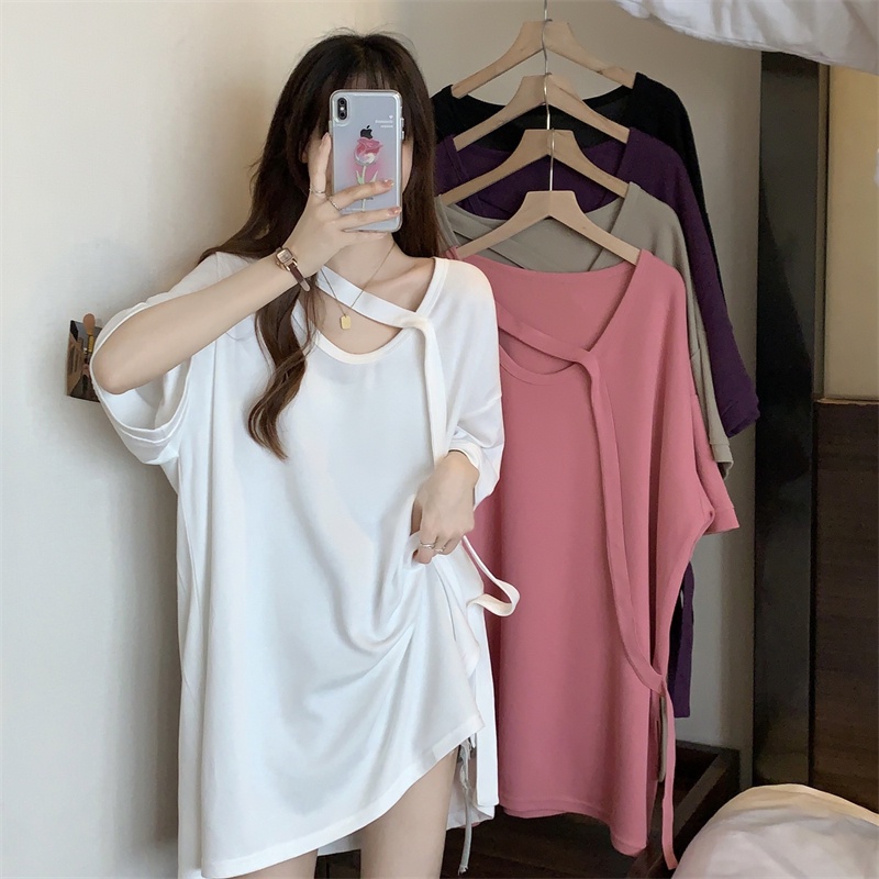 Dahong เสื้อยืดโอเวอร์ไซส์เกาหลี เสื้อยาวปานกลางทรงหลวมสำหรับฤดูร้อน 2429